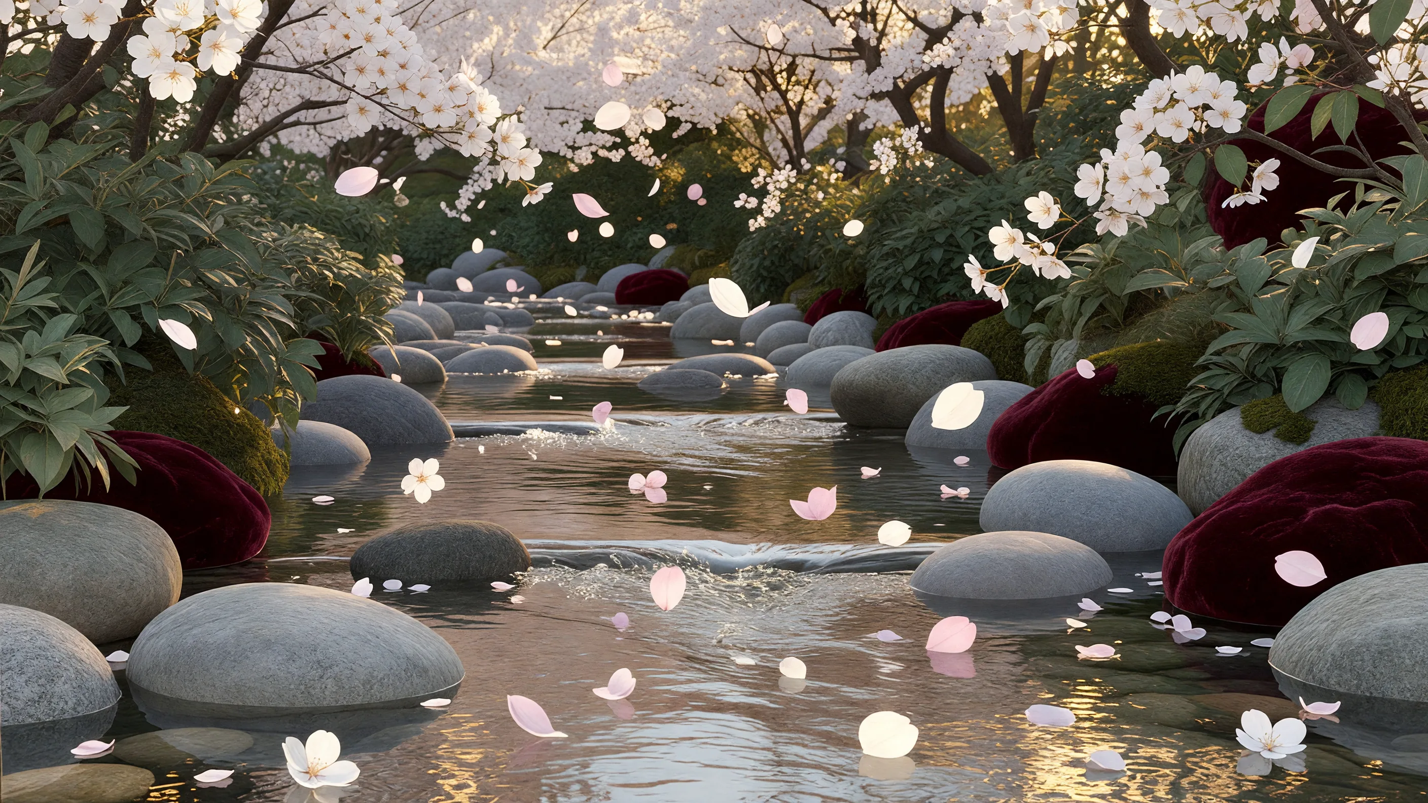 春の桜が咲く川沿いの小道