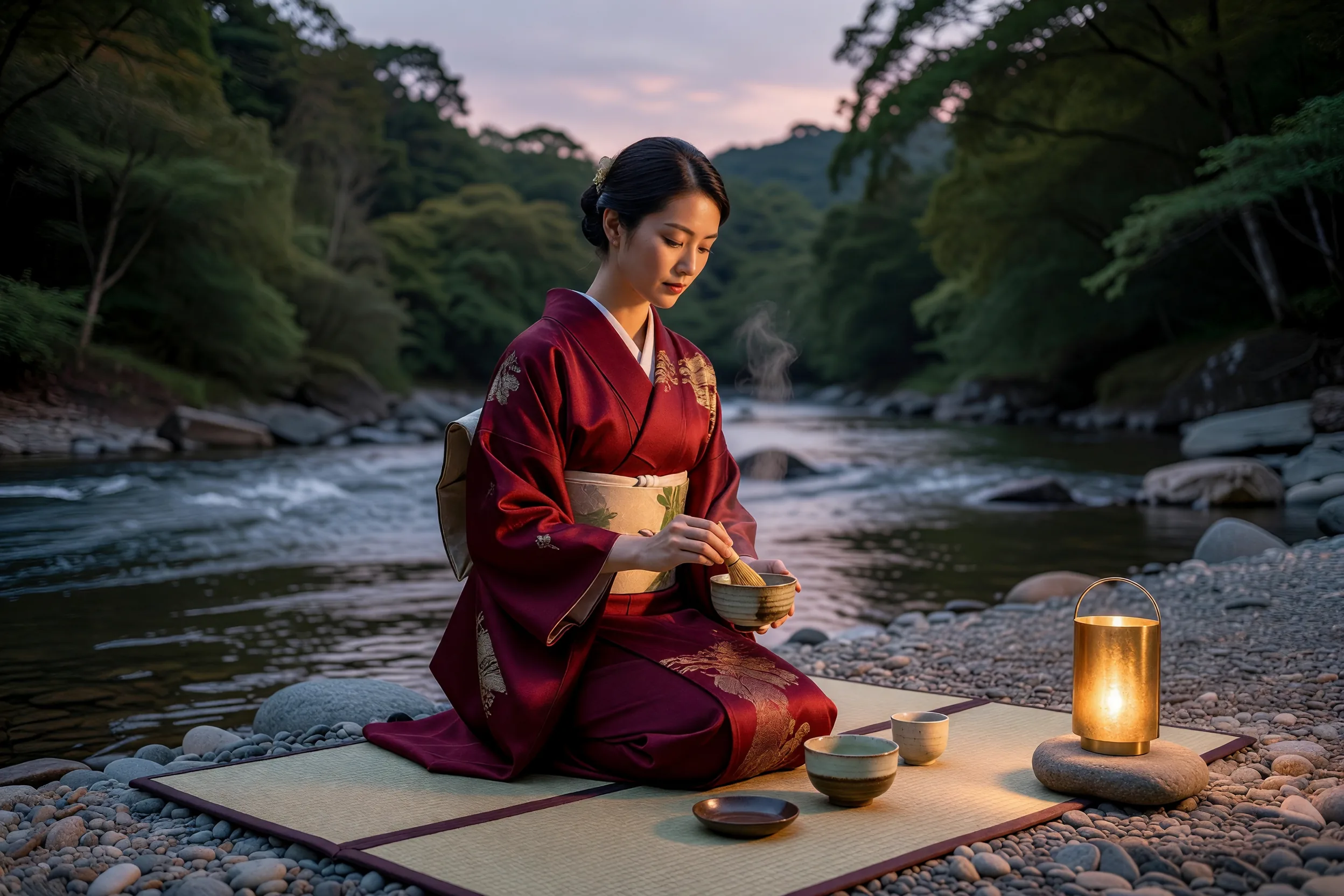夕暮れ時の川辺の茶道