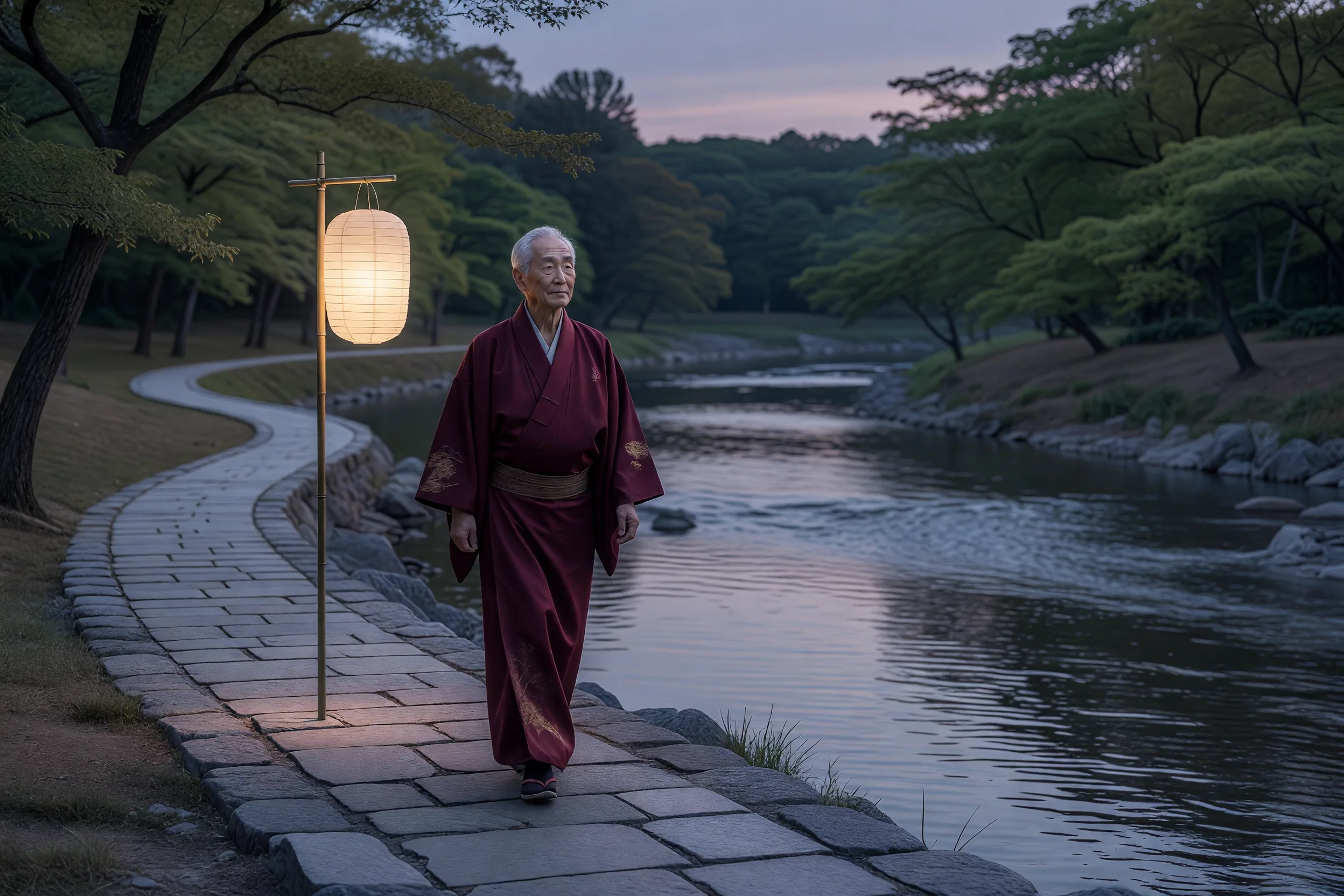 夕暮れ時の川辺の道を歩く老人
