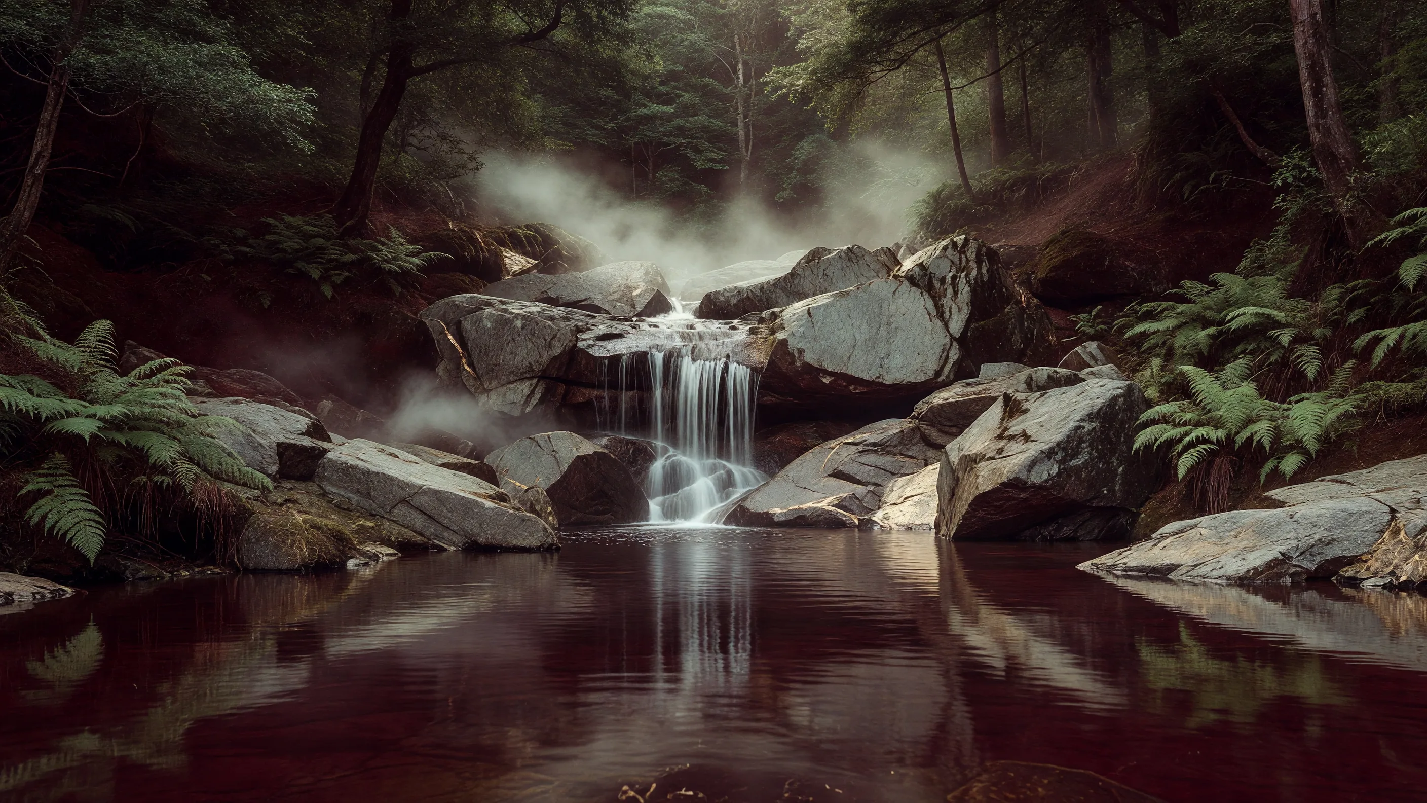 Mountain River Source in Misty Forest