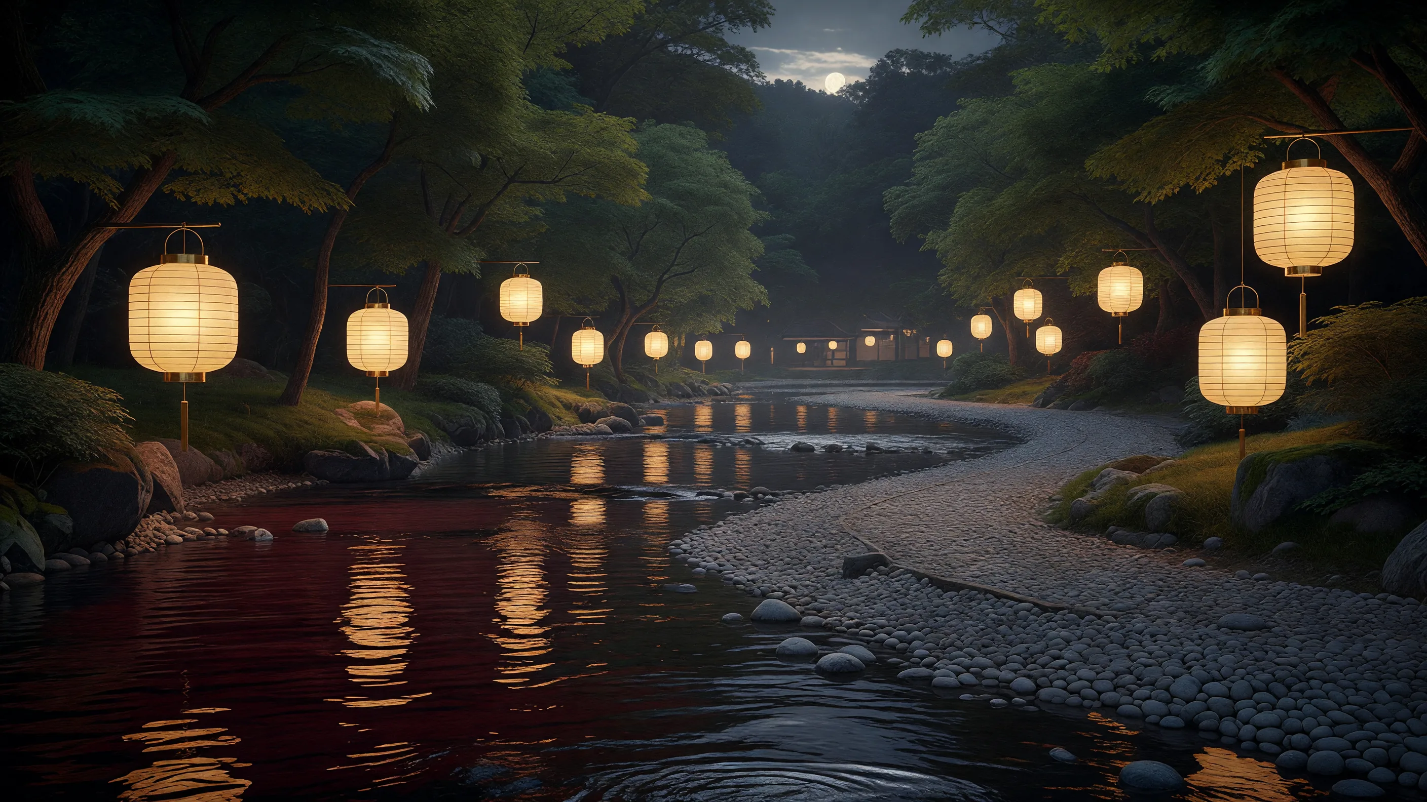 川辺の灯篭の夜の輝き