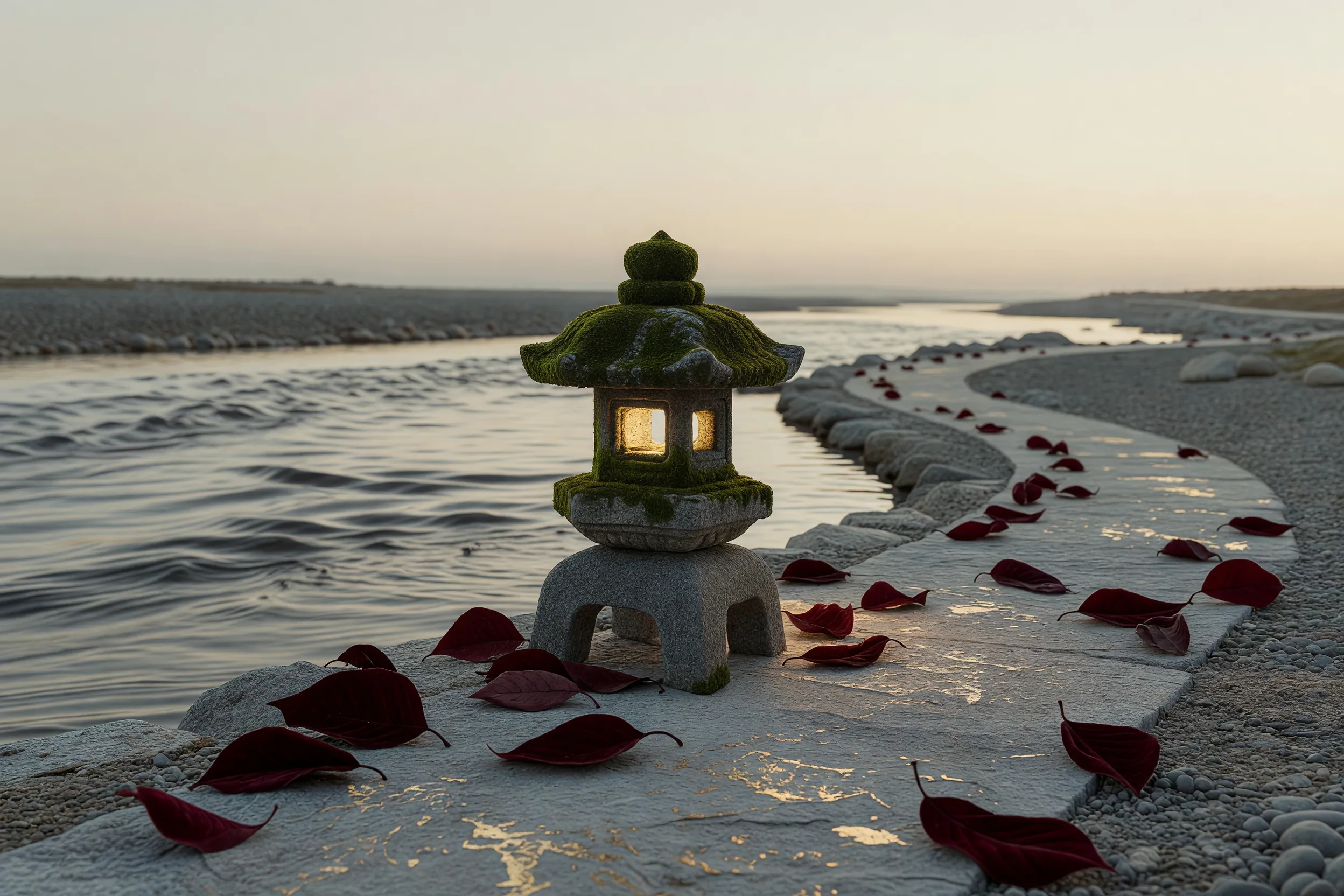 Mossy Stone Lantern on River Path